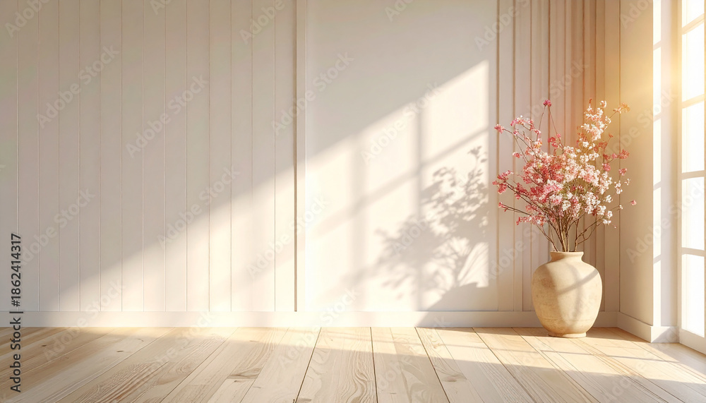 Fototapeta premium A serene white room with a vase of flowers on the floor illuminated by natural light streaming through the window.