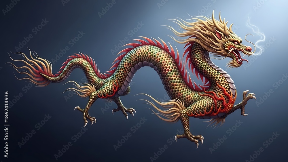 Fototapeta premium An ancient golden Chinese dragon statue serves as a traditional oriental roof decoration and powerful cultural symbol of Asian mythology in this golden vector art illustration