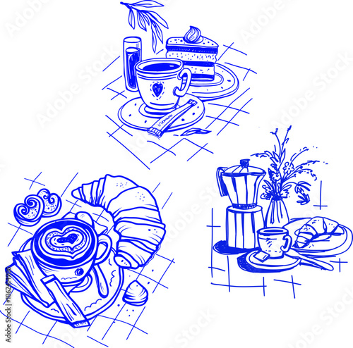 Coffee sketch cafe breakfast mood. Coffee cup with croissant, cake and moka pot drawn as quick hand sketch lines. 