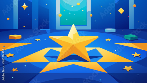 Large Golden Star Displayed on a Blue Geometric Pattern