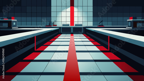 Modern geometric hallway with red and white lines