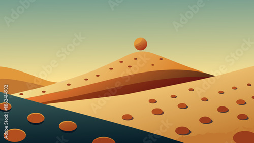 Orange sphere on a desolate alien planet landscape