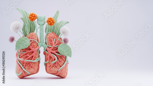 World Lung Day Vibrant 3D render of healthy human lungs intertwined with lush green leaves and blooming flowers, symbolizing vitality, fresh air, and respiratory wellness