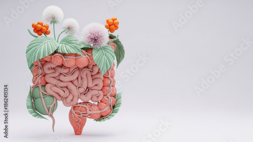 World Digestive Health Day (WDHD) Digestive Health Concept Intestines Adorned with Plants and Flowers Representing Natural Wellness and Gut Flora Balance