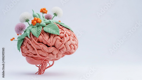 World Brain Day Visualizing mental well-being and cognitive growth with a brain flourishing with vibrant natural elements, symbolizing health, learning, and the continuous development of the mind