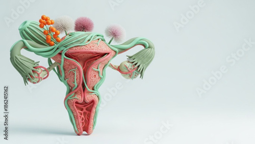 Conceptual 3D illustration of the female reproductive system, depicting ovaries and uterus, symbolizing women's health challenges and gynecological conditions