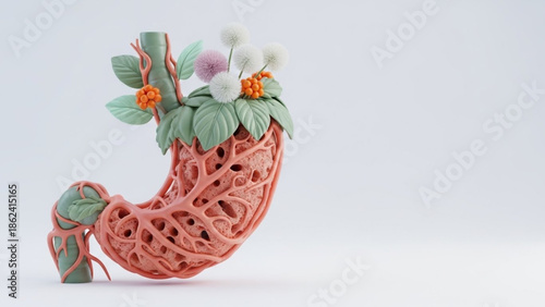 Whimsical Stomach Illustration with Organic Accents and Delicate Floral Embellishments