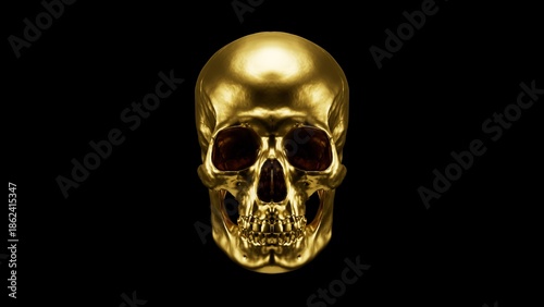 Luxury golden human skull isolated on black background, high resolution premium metallic skeleton 3D illustration.