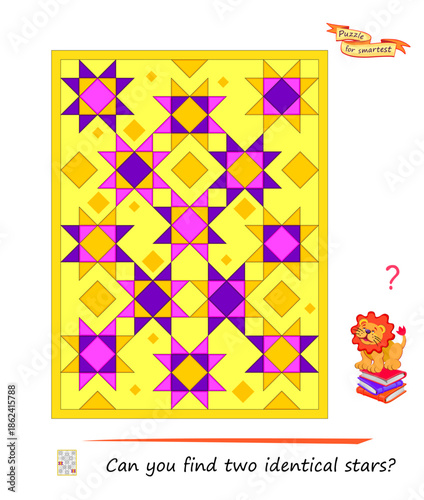 Can you find two identical stars? Logic puzzle for children and adults. Game Seek and Find. Page for kids brain teaser book. Task for the most attentive. IQ test. Hand drawn vector illustration.
