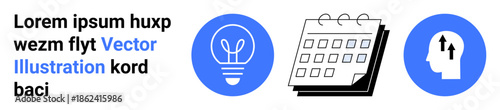 Creativity, business planning, innovation, scheduling, idea development, strategic thinking. Graphic includes light bulb, calendar and head icons. Creativity and business planning are