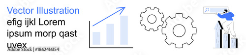 Business growth, data analysis, teamwork, optimization, workflow, decision-making. Bar chart with arrow, gears and person climbing on data bars. Business growth and data analysis concept