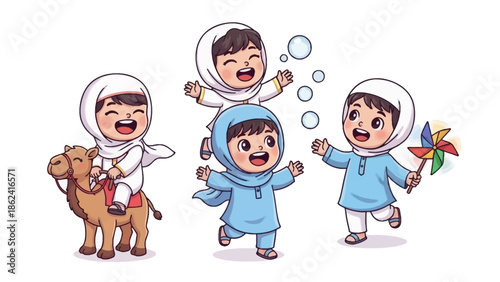 Happy Eid Cartoon with Smiling Muslim Kids in Traditional Clothes
