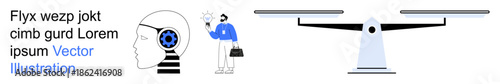 Artificial intelligence, business decision-making, ethical technology, innovation, balance, and equality. Human head with gear, businessperson and scale symbol. Artificial intelligence and business