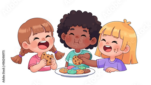 Happy Eid Cartoon with Smiling Muslim Kids in Traditional Clothes