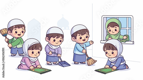 Happy Eid Cartoon with Smiling Muslim Kids in Traditional Clothes