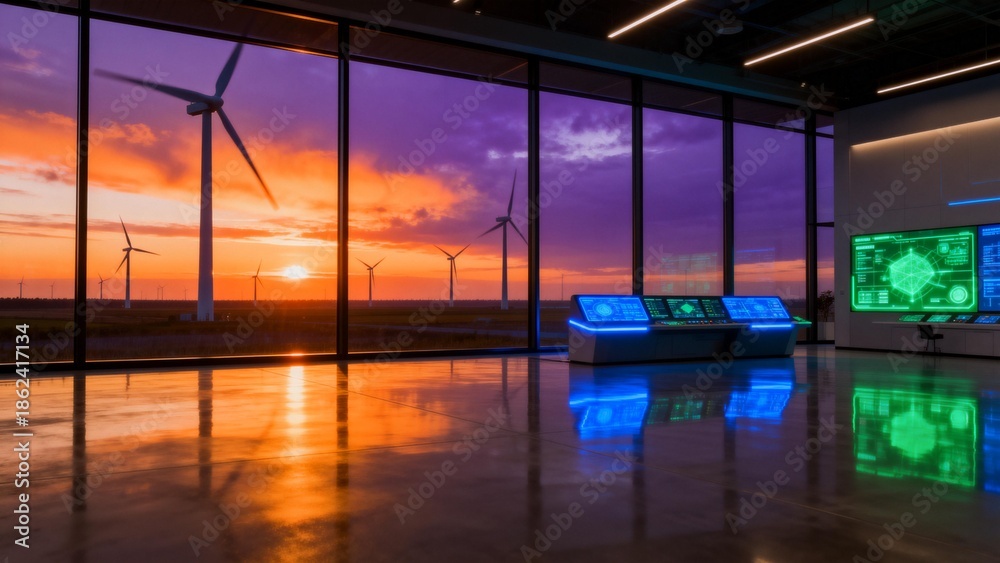Fototapeta premium Control room with wind turbines at sunset