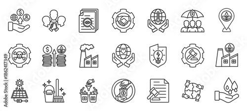 Environmental Social Governance (ESG) outline icon set. Contain sustainability strategy, employee & stakeholder commitment, transparancy, global warming, health insurance.