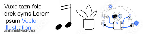 Artificial intelligence, creativity, digital content, smart technology, education, futuristic design. A robot holding tools, musical notes and a plant in a clean layout. Artificial intelligence
