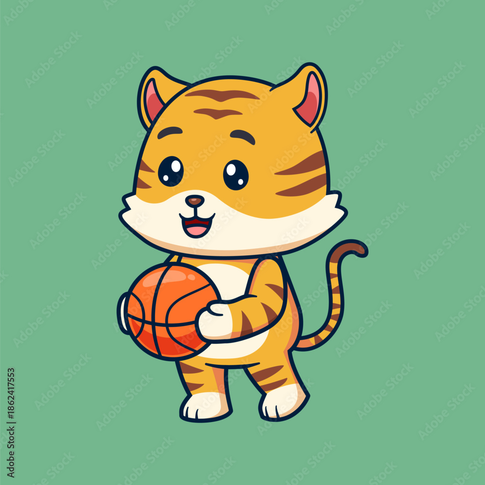 Obraz premium Cute Cartoon Tiger Playing Basketball Illustration