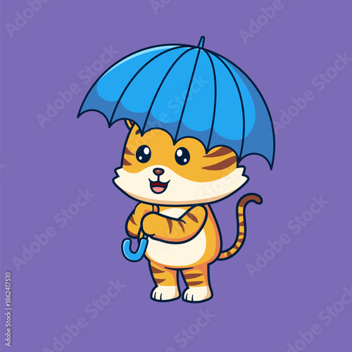 Cute Cartoon Tiger Holding Umbrella Illustration