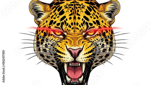 Aggressive leopard head with glowing eyes.