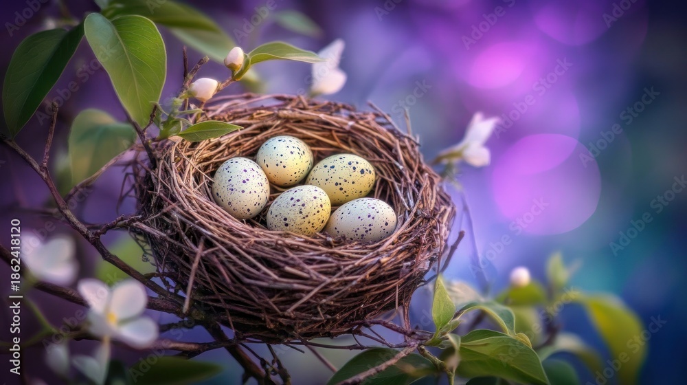 Fototapeta premium A delicate bird's nest, filled with speckled eggs, rests on a branch amongst blossoming spring flowers. Soft, out-of-focus background of vibrant purple and pink