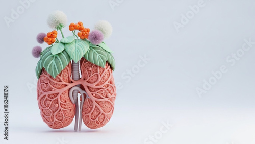 Stylized sculptural representation of human lungs adorned with vibrant green leaves and colorful berries, embodying natural respiratory health, vitality, and connection to organic well-being