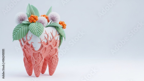 Dental health and care concept featuring a tooth reimagined as a blooming planter with organic elements