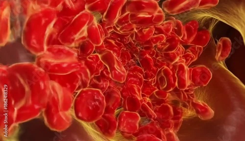 Animated blood clot formation inside a blood vessel with red blood cells flowing slowly