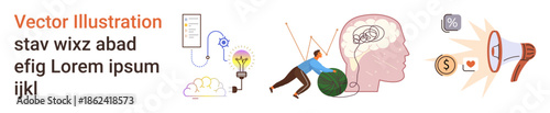 Creativity, problem solving, education, innovation, hard work, and strategy. Visual of brain, lightbulb person pushing a ball and icons related to effort. Creativity and problem solving concept