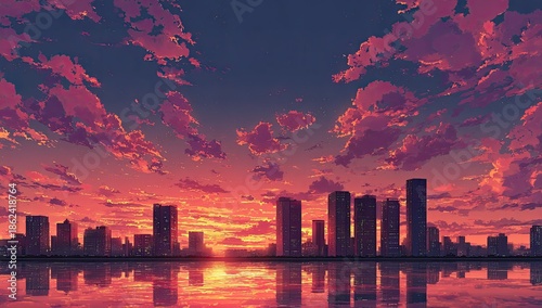 City skyline silhouette reflecting vibrant sunset colors on calm water