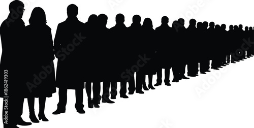 Silhouetted people standing in queue line waiting crowd depth perspective social behavior black figures illustration design concept flat vector