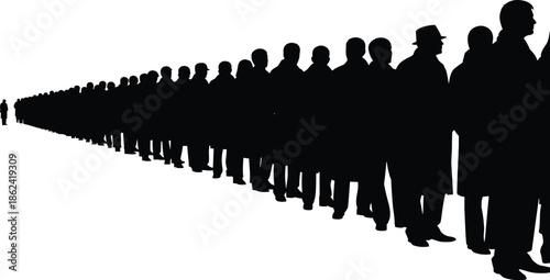 Silhouetted people standing in queue line waiting crowd social behavior patience urban scene black figures illustration flat vector