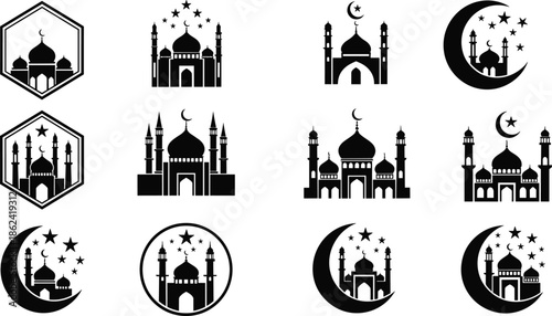 Islamic mosque icons silhouette crescent moon star geometric shapes religious architecture cultural symbols black design elements illustration flat vector