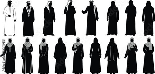 Middle Eastern traditional clothing silhouettes men women abaya hijab thawb keffiyeh cultural fashion Muslim attire icons flat vector