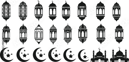 Islamic lanterns crescent moon mosque silhouettes Ramadan Eid celebration Muslim culture religious icons black silhouette design elements flat vector