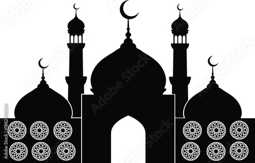 Islamic mosque silhouette with domes minarets crescent moon religious architecture cultural symbols black design elements illustration flat vector