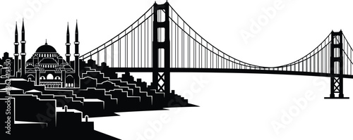 Mosque silhouette with minarets and Golden Gate Bridge cultural architecture East meets West iconic landmarks design flat vector