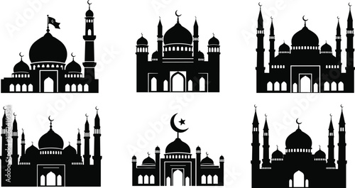 Islamic mosque architecture silhouettes domes minarets crescent moon religious building icons Muslim culture black design elements flat vector