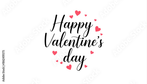 Happy Valentines Day elegant script with pink heart confetti on white background.