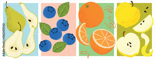 Vector illustration set of autumn fruits including pear, blueberry, orange, and yellow apple. Fresh seasonal fruit collection, food packaging, branding, labels, posters.