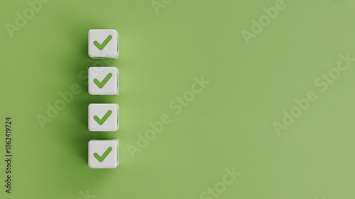 Vertical Line of White Blocks with Green Checkmarks on a Minimalist Green Background