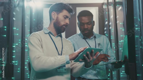 Engineer checks equipment, Technical staff collaboratively troubleshoot with focus and detailed inspection