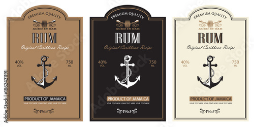 collection of rum labels with yacht anchor in retro style