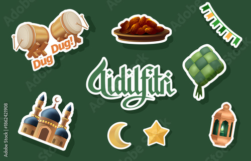 Eid al-Fitr Celebration Sticker Set with Islamic Icons, Ketupat, Lanterns, Mosque and Crescent Moon. Aidilfitri Translation : Eid al Fitr