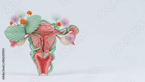 Sexual and Reproductive Health Awareness Day female reproductive system, beautifully adorned with lush leaves and delicate flowers, symbolizing fertility, natural growth, and vibrant women's health