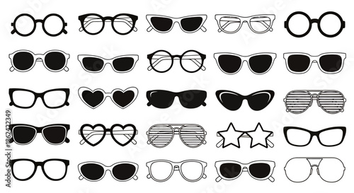 Collection of various black and white eyeglass and sunglass frame designs in different shapes and styles.