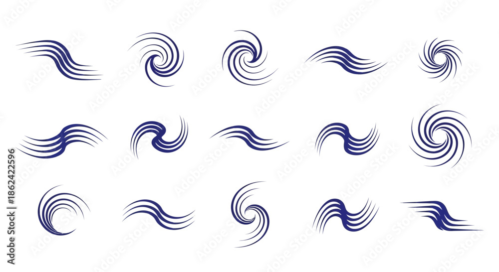 Fototapeta premium Collection of abstract blue wave and swirl icons featuring dynamic flowing lines vortex and spiral shapes.