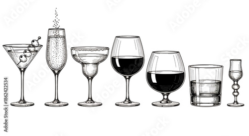 Assorted hand-drawn drinking glasses with various beverages in a detailed black and white illustration.