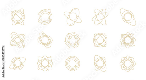 Collection of Abstract Atom and Orbit Line Art Designs.